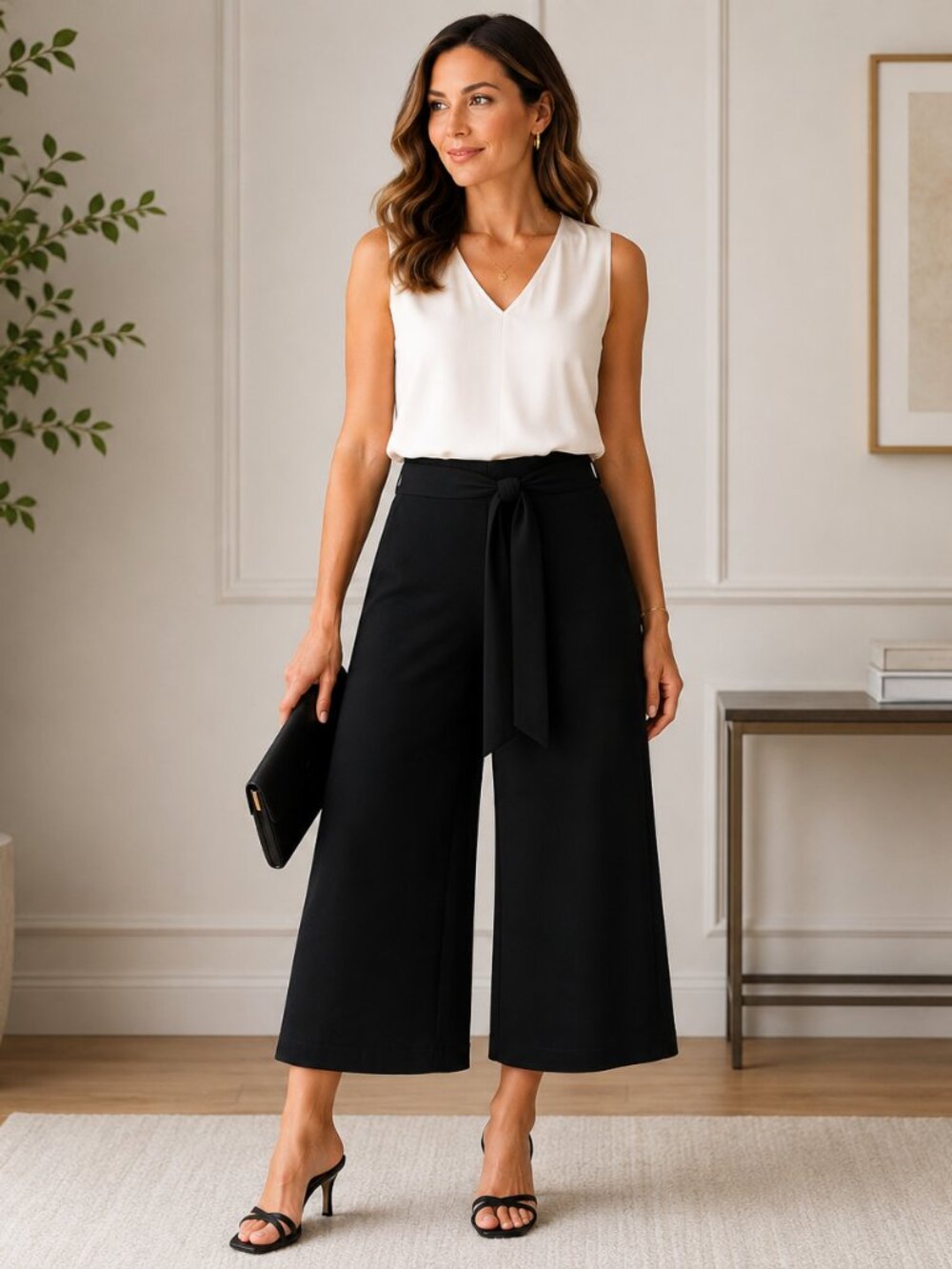 ND NEW DIRECTIONS Culottes Wide Leg Crop Pant Black Gauzy Tie Waist Pullon 14
